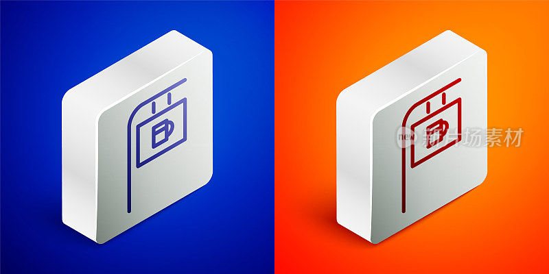 Isometric line Street signboard with inscription Bar icon isolated on blue and orange background. Suitable for advertisements bar, cafe, restaurant. Silver square button. Vector Illustration